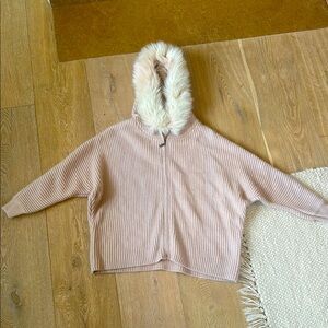 Cozy Faux Fur Hood Pink Ribbed Knit Jacket - Size Small